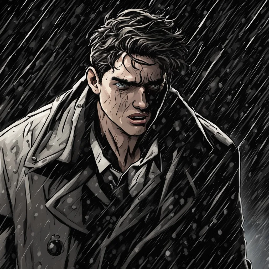 a closeup of a young man in a heavy coat during a rainstorm having a psychotic breakdown cartoon