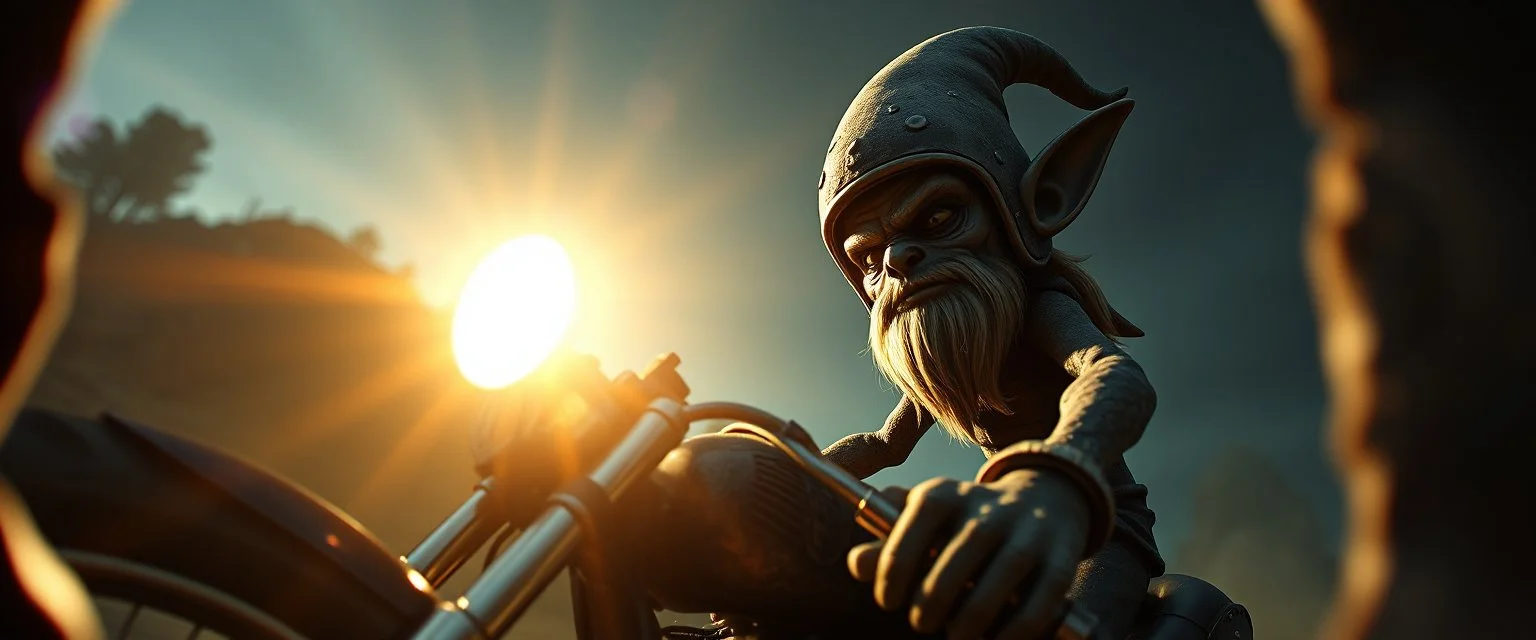 style John Atkinson Grimshaw,3d airbrush render, cut out darkling slender gnome on huge chopper bike with bright aura , pinhole cam, airbrush 3d rendering, torn edges on helmet visir border, character reaches outside border
