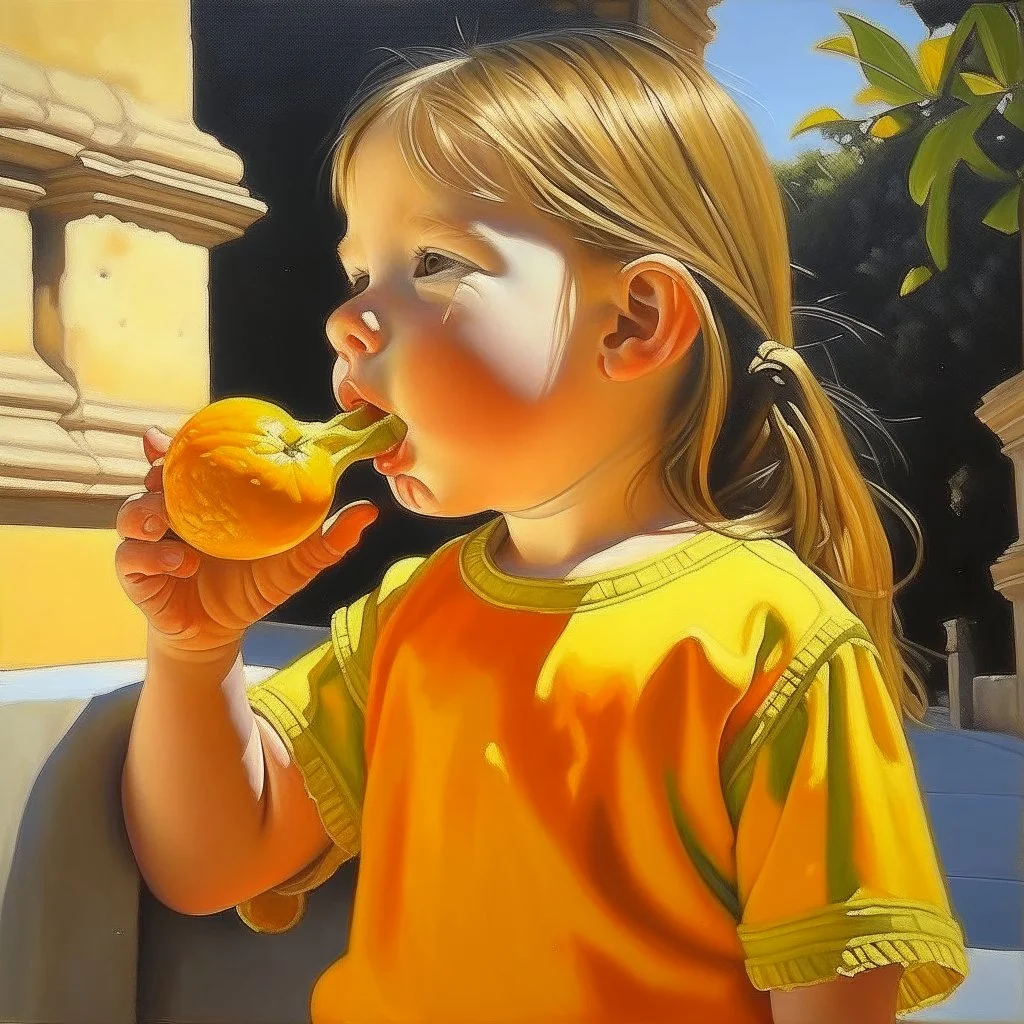 Neoclassicism child eating an orange painting yellow realistic cote d'azur