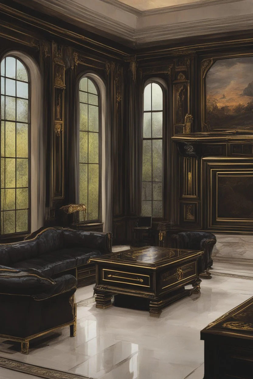 Toomb of the vampire Count Strahd Von Zarovich. Grand room, dark, black coffin made of polished ebony wood and brass.