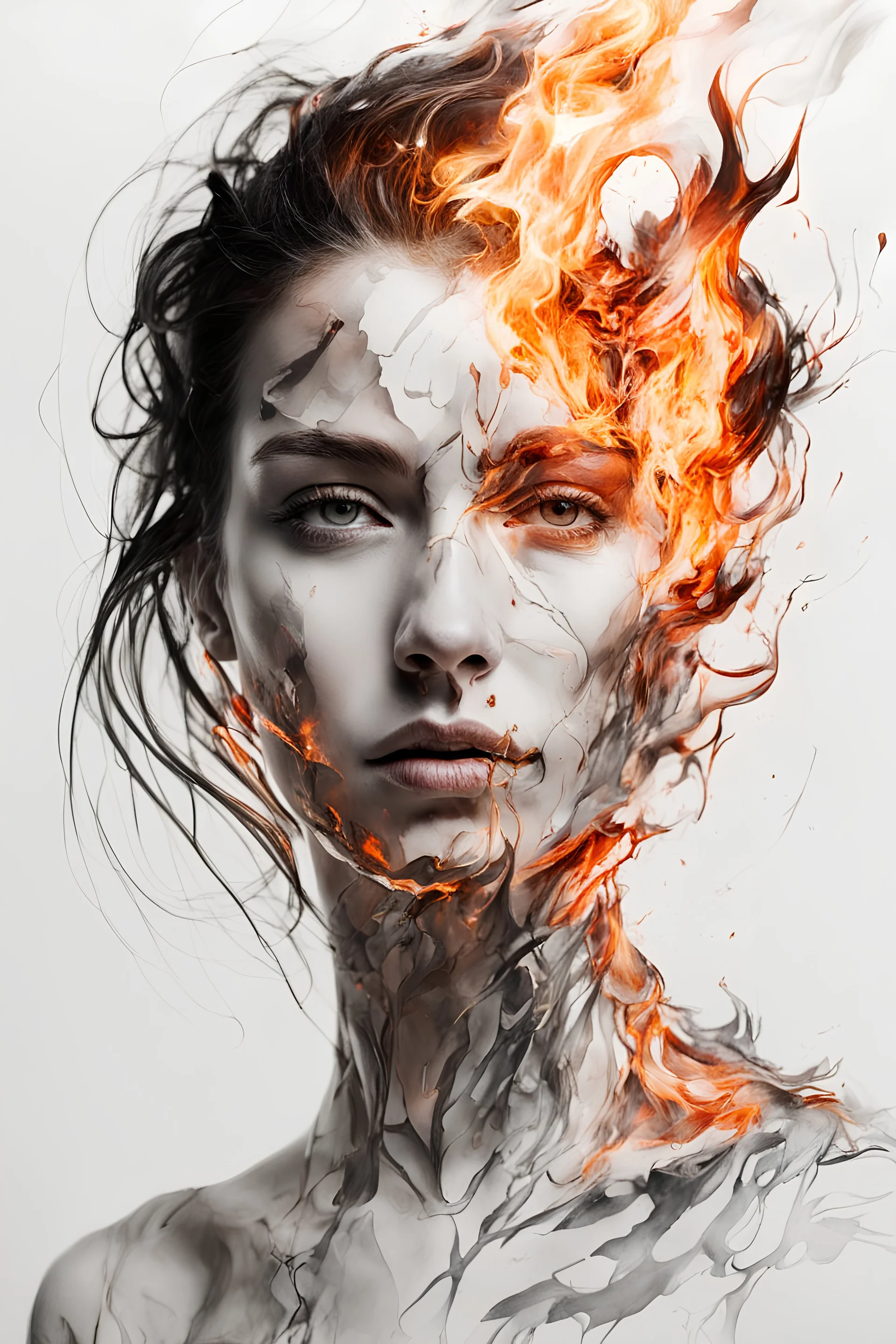 art, abstacrt, portrait of a woman with burning edges, white background