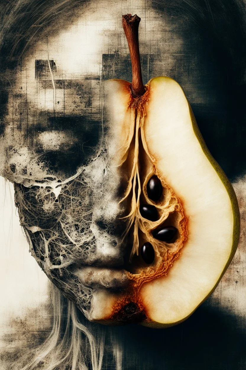 Grunge, woman as a decaying dried out Pear intricately showing its internal structure and seeds, cyberpunk, ultra unique natural textures, slight imperfections, vray.