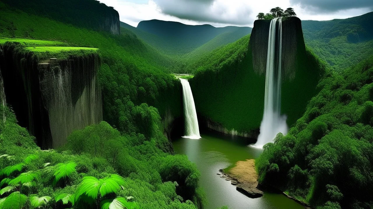 The image showcases a mesmerizing view of a massive waterfall cascading from the top of a mountain hill, with the waterfall soaring to a great height and flowing forcefully into the valley amid lush green trees and vegetation. The image reflects the beauty and power of nature and its enchanting impact on the surrounding environment, inviting viewers to explore these magnificent natural landmarks around the world.