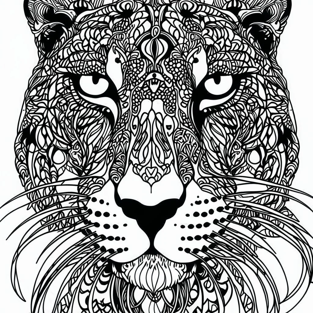 Leopard front face view, cartoon, mandala, white back ground color, real style, realistic, minimalistic, minimal black line art, line art, crisp line art, unique coloring sheet, outlined, outline, crisp, crisp line edges, illustration, thin lines, crisp clear lines, line art, clean line art, unique, 8k, amazing, masterpiece, no colors, no dark color, no black color, avoid thick black, minimalistic line edges, pure white back ground, image character full fit to page,