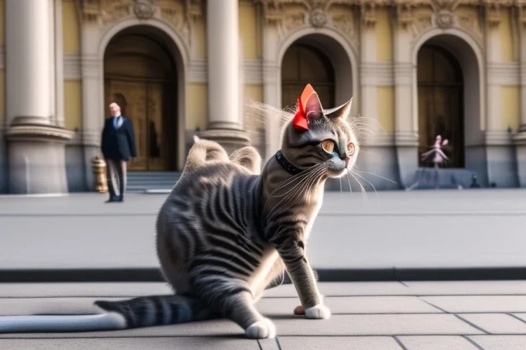 A cat dressed like a ballerina dancing in front of the opera in Vienna.