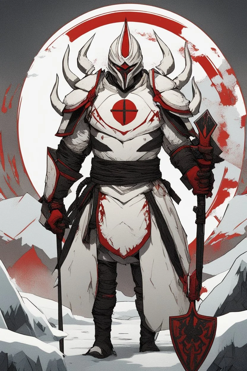 The character, depicted in a striking white armour against a wintry backdrop stands with his hands behind his back inside the scene, he has a red and black circular symbol on his chest like a shield, a black pointed spear with a red handle on his back, His eyes are showing a dynamic expression and he wears a black oni mask with white teeth covering the bottom part of his mouth he has brown shoulder pads and a white karate belt with a bag attached to it. He has dark brown hair. He has no helmet.