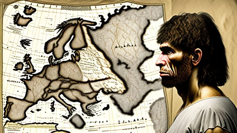 face of neanderthal in foreground parchment map of Europe background