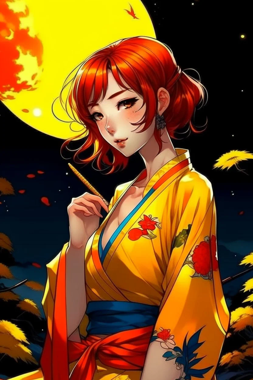 (Asian), short hair, fiery red hair hair, yukata, yellow clothes, 8k, best quality, winking, very dark night time, lighting from moon yellow moon, perfect, masterpiece