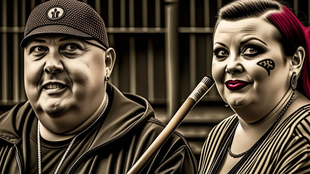 realistic, personality: [Capture a close-up shot of two female midaged english chubby extreme tatoed punkers, with baseball bats chasign a creepy man in a brown parkacoat