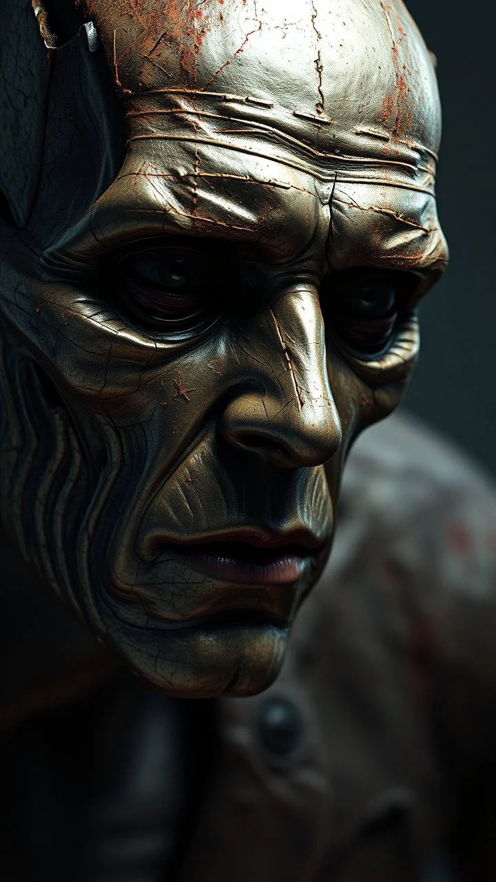 Busch painting style nightmare, a zoomed view man his head is a broken metallic skin texture in a 3d rendering full-height image of a grim and dark scene. Ensure the final images exhibit the utmost quality, encompassing 4K, 8K, and 64K resolutions, with 3D rendering that manifests in photorealistic, hyperrealistic, and highly detailed representations. Employ techniques such as HDR, UHD,
