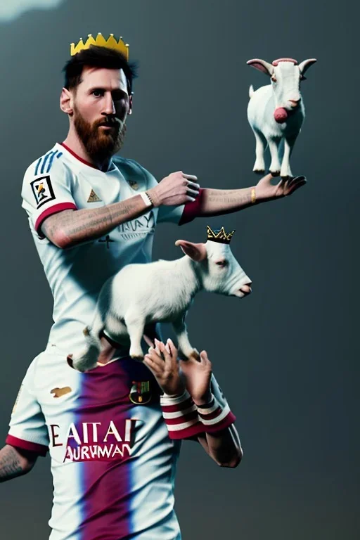 messi as king with wearing crown and king stuffs and clothes and holding a little white goat on his hand ,hyperrealistic,8k,detailed,rendered