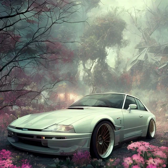 Mitsubishi, dans un nuage de fleur, concept art, réaliste, synthwave