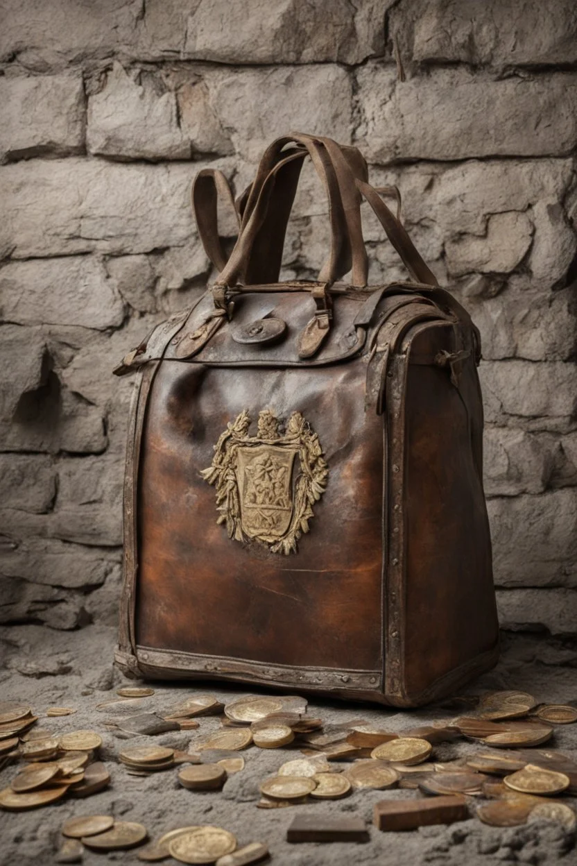 in the BASEMENT there is an old, broken brown oblong leather chest with short handles, from which gold coins from the time of Catherine the Great fall out. The ancient coat of arms of tsarist Russia, the double-headed eagle, is BARELY VISIBLE on the bag. There are a lot of broken bricks and earth around the bag. All in high quality 8K