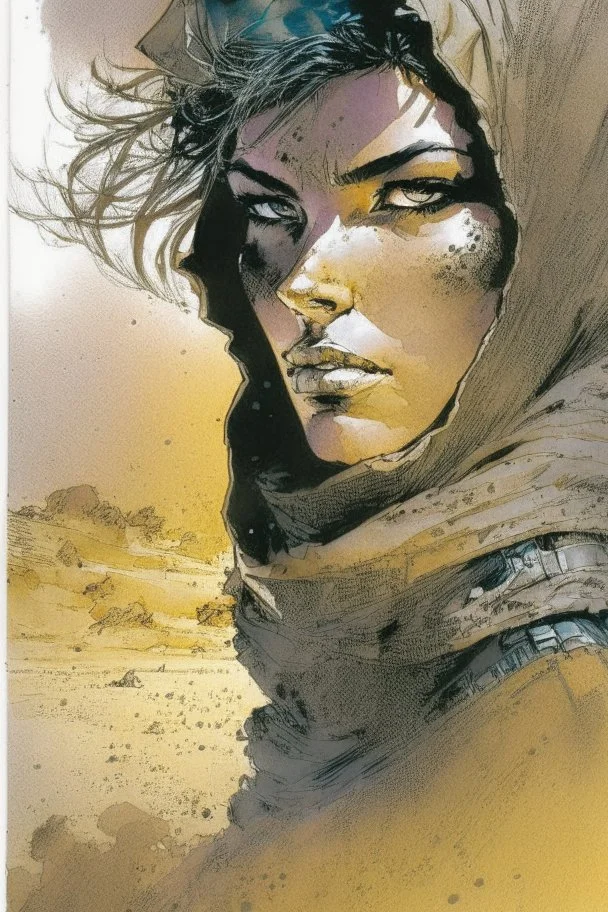 create an ink wash and watercolor, fine art print portrait illustration of a rugged gritty, roughly textured, hooded, black clad and dusty Fremen female mercenary with highly detailed feminine facial features, amidst the billowing desert storms of Arrakis, in the comic book art style of Bill Sienkiewicz, and Jean Giraud Moebius, finely textured, drawn, colored, and inked,