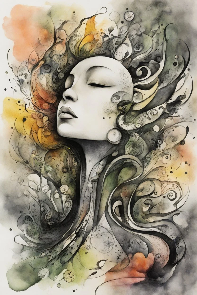 an abstract ink wash and watercolor illustration of her subconscious yearning to be as free as the wind , neo surrealism, biomorphism, abstract expressionism , striking, atmospheric, dreamlike, mystical, enigmatic, in the style of Joan Miro and Roberto Matta, in soft, rich plant based organic colors, boldly inked, hyper detailed , highly detailed feminine facial features, 4k