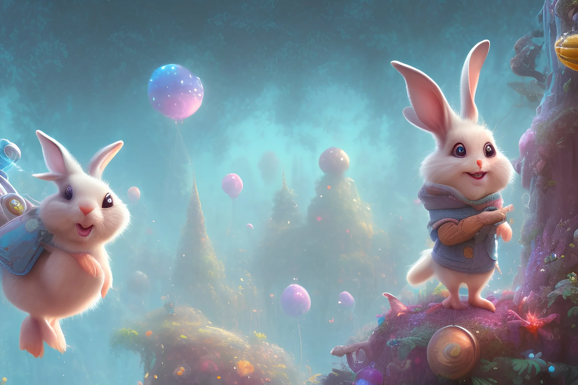 cute pixie smiling rabbit, cute pixie smiling chicken, pixar art style, full body, magenta puffer jacket, manila city backdrop, by mobeius, eastern eggs, in the garden of Eden, stylized vegetation, turquoise water ground-level view, foggy atmosphere, hyper detailed, digital art, trending in artstation, cinematic lighting, unreal engine 5 rendered, octane rendered, art style by klimt and nixeu and ian sprigger and wlop and krenz cushart