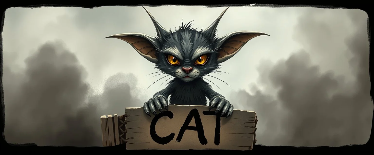 air brush 3d with pen outline, mongrel goblin gremlin looking at sign with big cute cat monster with blurred shadow outline, charcoal fog border