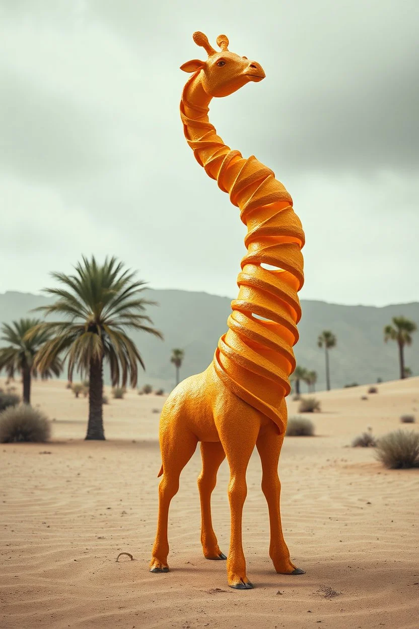 Enhance the surrealism in the scene with the anthropomorphic orange peel rind spiral giraffe-looking creature, emphasizing the spare, peel sculpture with negative space, set in a dramatic, eerie desert with palm trees, to create a more profound and impactful visual.