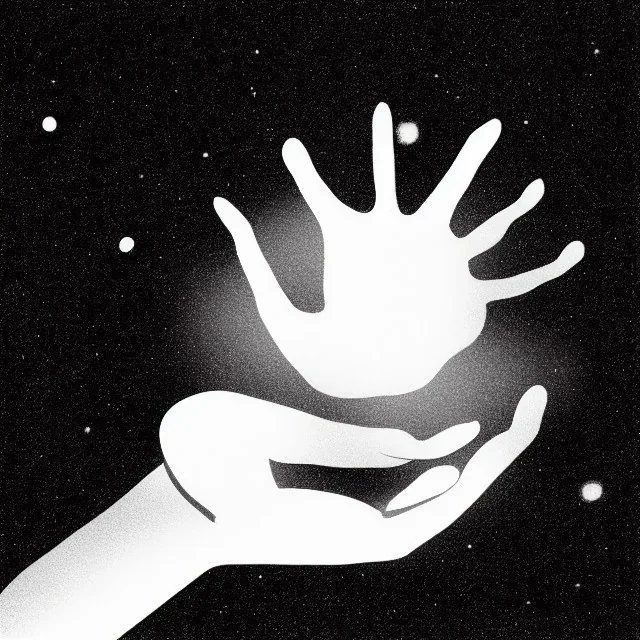 a hand holds an atom; in the style of album cover by kanye west; drawn like a sketch; small lights in the background