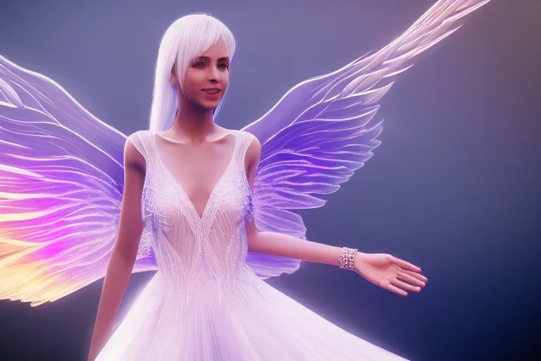 beautiful fairy very etheric, smiling, delicate colors, transparent wings, beautiful glamour dress, ultra sharp focus, 8k, unreal engine 5, extremely sharp detail, light effect, soft light atmosphere, smooth, full of details