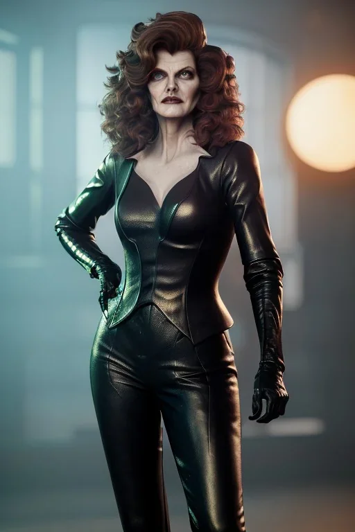 younger Rene Russo as evil queen in leather, cleavage, angry, stern look, unreal 5, octane render,cinema4d, dynamic lighting, dramatic lighting, 4k, redshift render, highly detailed, hyper realistic