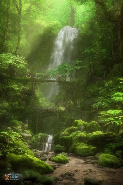 An enchanting forest scene with a magnificent waterfall cascading down a cliff, surrounded by vibrant foliage in various shades of green, sunlight filtering through the canopy above, creating a play of light and shadows, capturing the ethereal beauty of nature, Photography, DSLR camera with a wide-angle lens, f/2.8 aperture, --ar 16:9 --v 5