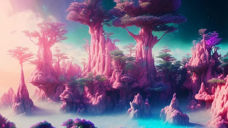 crystal cosmic and galactic ambiance hill sky sea ocean space galaxy rocks sunny trees pools surreal, full of details, smooth, bright sunshine，soft light atmosphere, light effect，vaporwave colorful, concept art, smooth, extremely sharp detail, finely tuned detail, ultra high definition, 8 k, unreal engine 5, ultra sharp focus