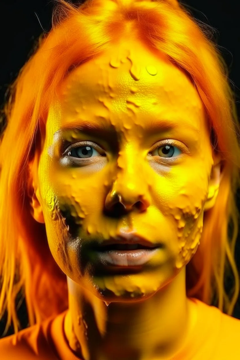 Girl face with yellow rubber effect in all face with orange sponge hair