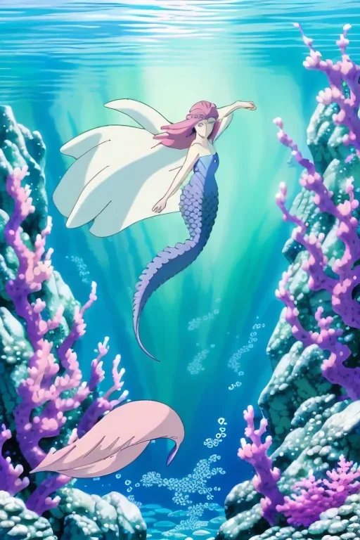 Underwater scene, a beautiful mystical mermaid with pink hair and shimmering tail, rock, calm water, fish, beautiful colors, fine detail, high quality, seashell, octopus, dreamlike, mystical