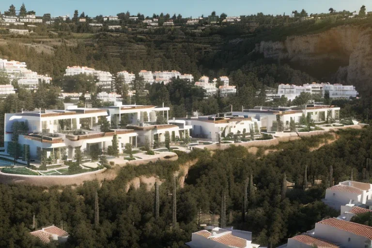 Day in algarve, aerial architectural view, modern luxury villas architecture building WITH STRAIGHT LINES AND CANNOPY in white render and wood stripe vertical elements with gold details, and a modern luxury hotel building with two floors and extending covered terraces cascading, Mediterranean mature garden, overlooking the golf course, green roofs and pools, sloped land with pinus pinea, hyper realistic 8k ultra render