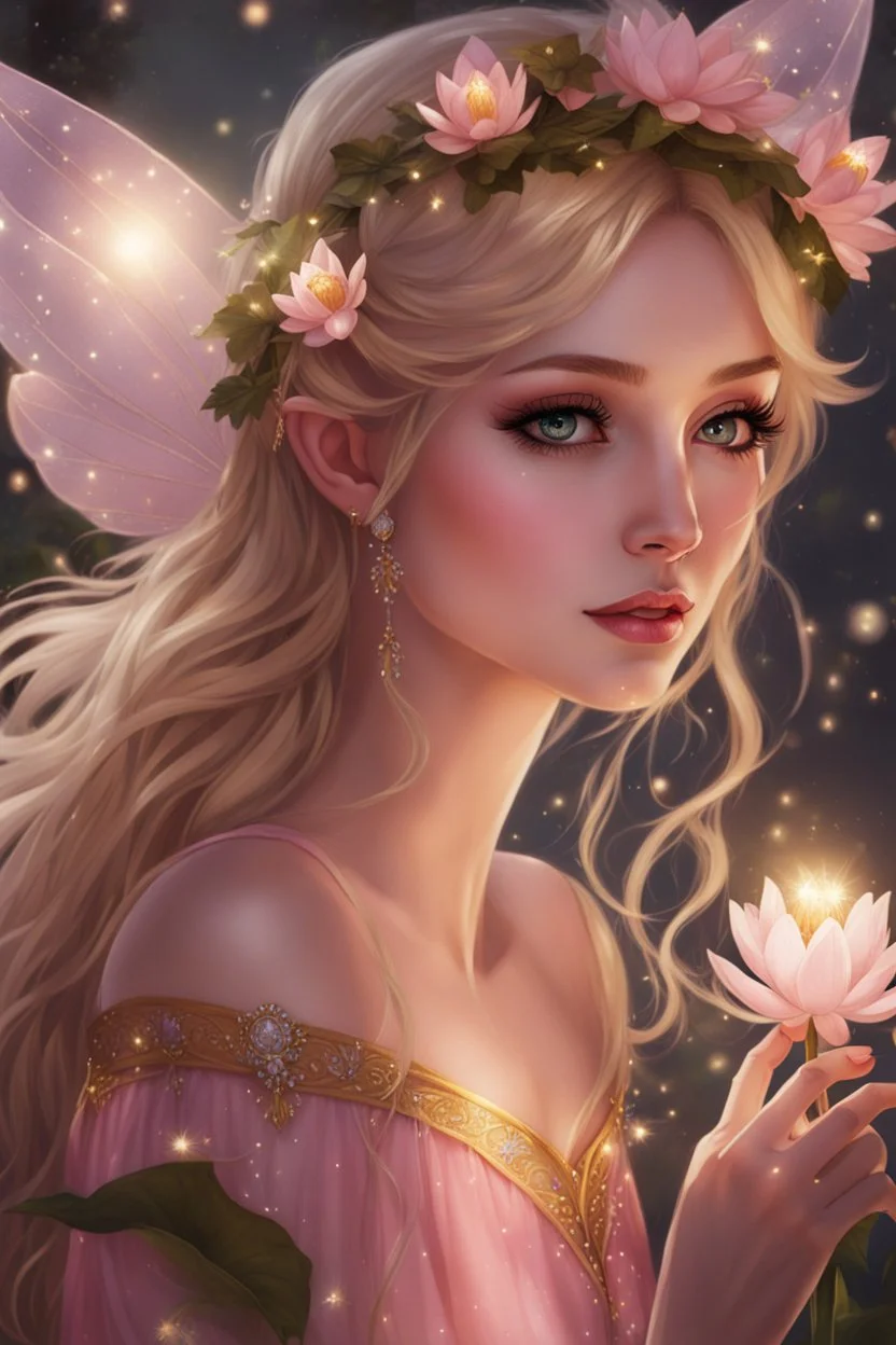 Blonde hair ,Pink dress,Sparkling fairy wings,Very long golden hair,Fairy crown,pointed ears,elven ears,fairy wings,water lilies,sparkling,glittering,flowers,blossoms,golden crown,light pink dress