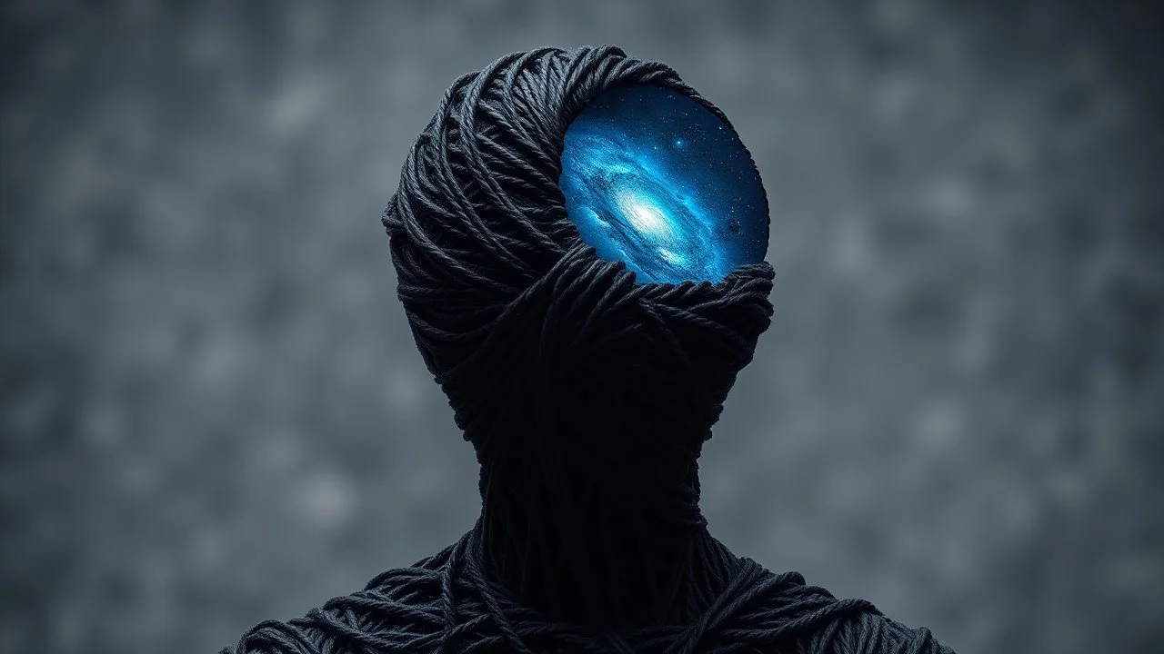 human figure made of black and gray colors cotton yarns visible only up to the shoulders , the yarns forming the head are half-disintegrated, from the head and behind the yarn in his head the ddeep blue universe with a few stars and one galaxy is visible, the background is gray and blurry office background, surreal image, detailed, sharp contrasts, realistic, cinematic, weird vibe