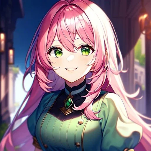 Girl, high quality, detailed, pink hair, green eyes, smiling