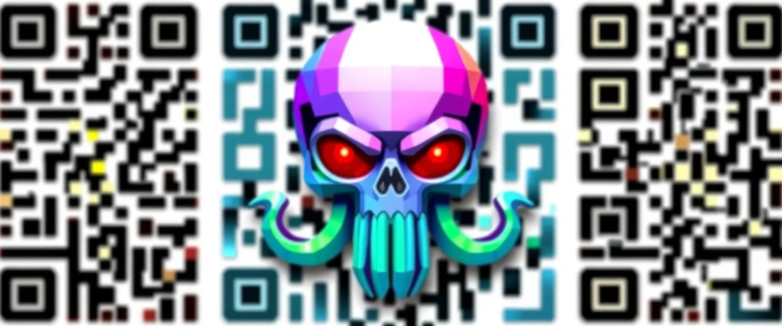 a qr code that looks like a space invader alien 3d voxel squid skull pirate butterfly with colors from the rainbow spectrum