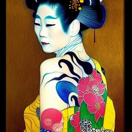 dibujo al oleo de cuerpo entero de una Geisha bella con tatuajes estilo Gustav Klimt