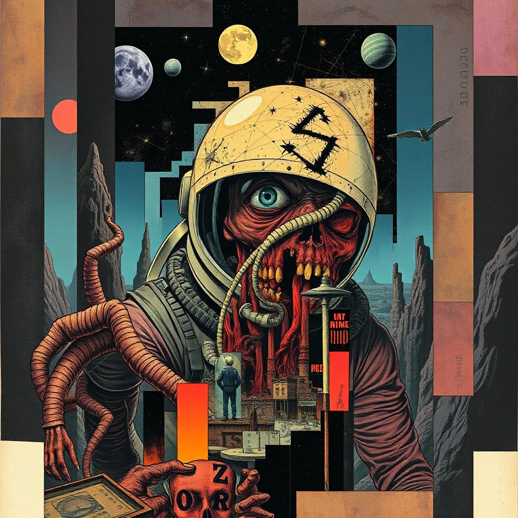 nihilism, damned astronaut zombie, gestalt time loop, color digital illustration, by Otto Rapp and Moebius, surreal, horror, fragmented collage, abstract, overlapping cel boxes shuffled and offset composition, moody, sinister