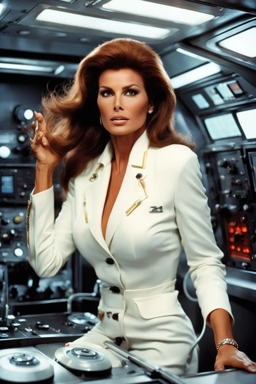 With a determined gaze, Raquel Welch's character assumes control of the vessel's operations. Her hands glide effortlessly across the sleek control panels, her fingers dancing with precision and purpose. She is the epitome of confidence, a leader in this extraordinary journey through the human body. The submarine responds to her every command, as though it were an extension of her own being. The hum of machinery, the soft glow of holographic displays, all bear witness to the symbiotic relationshi