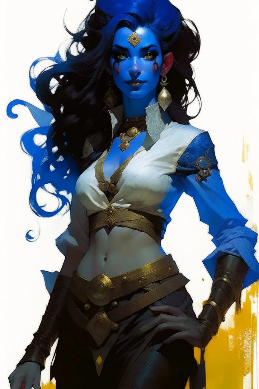 create an adult female air genasi from dungeons and dragons, black medium hair, light blue eyes, blue skin, wavy hair, wearing red leather armor, full body, digital painting, high resolution, forest background, a bit zoomed out