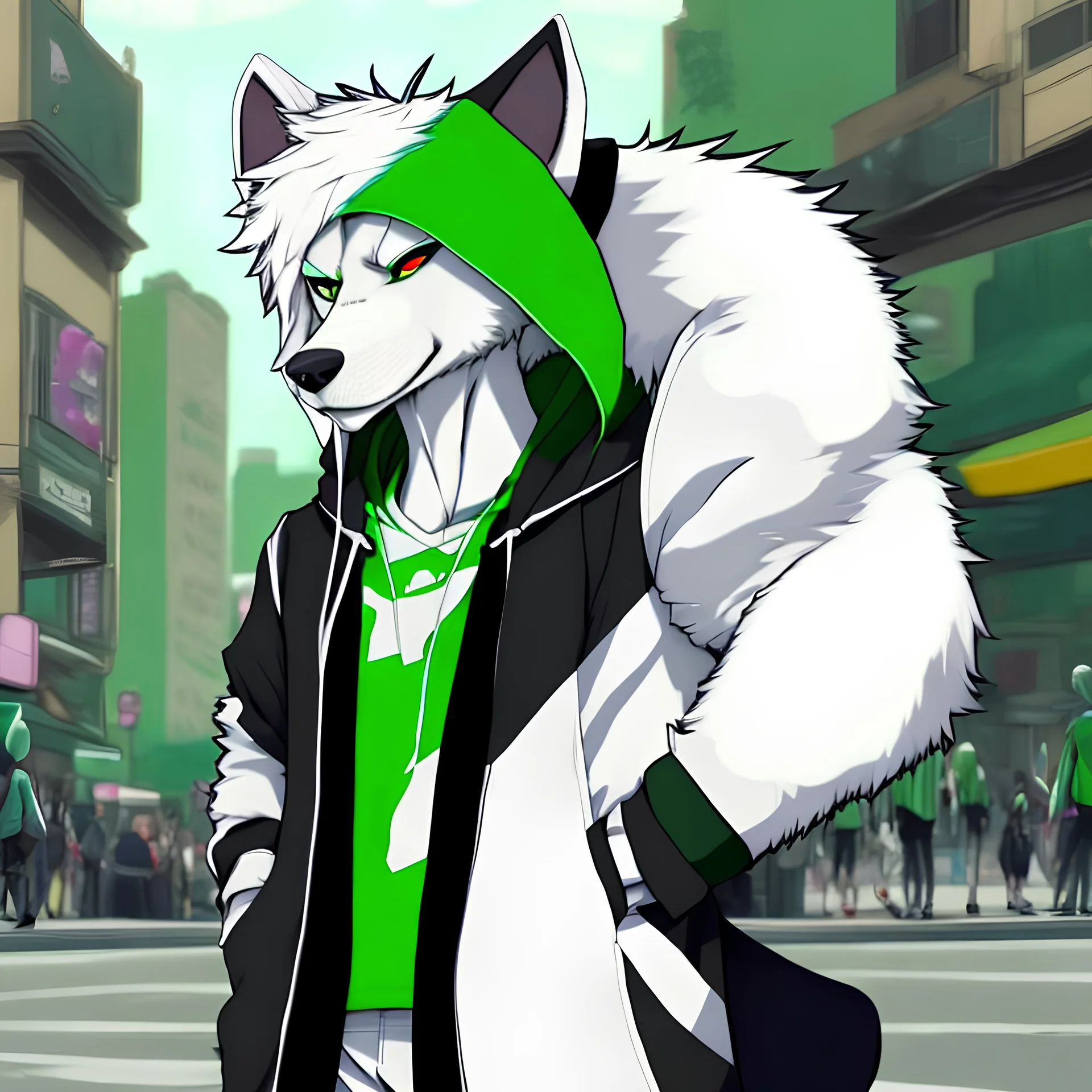 In anime, an anthropomorphic male character with white fur, white-and-green-haired, white-skinned, green-eyed, wolf ears, whiskers, a black hoodie, and black pants, is on the street in the massive capital.