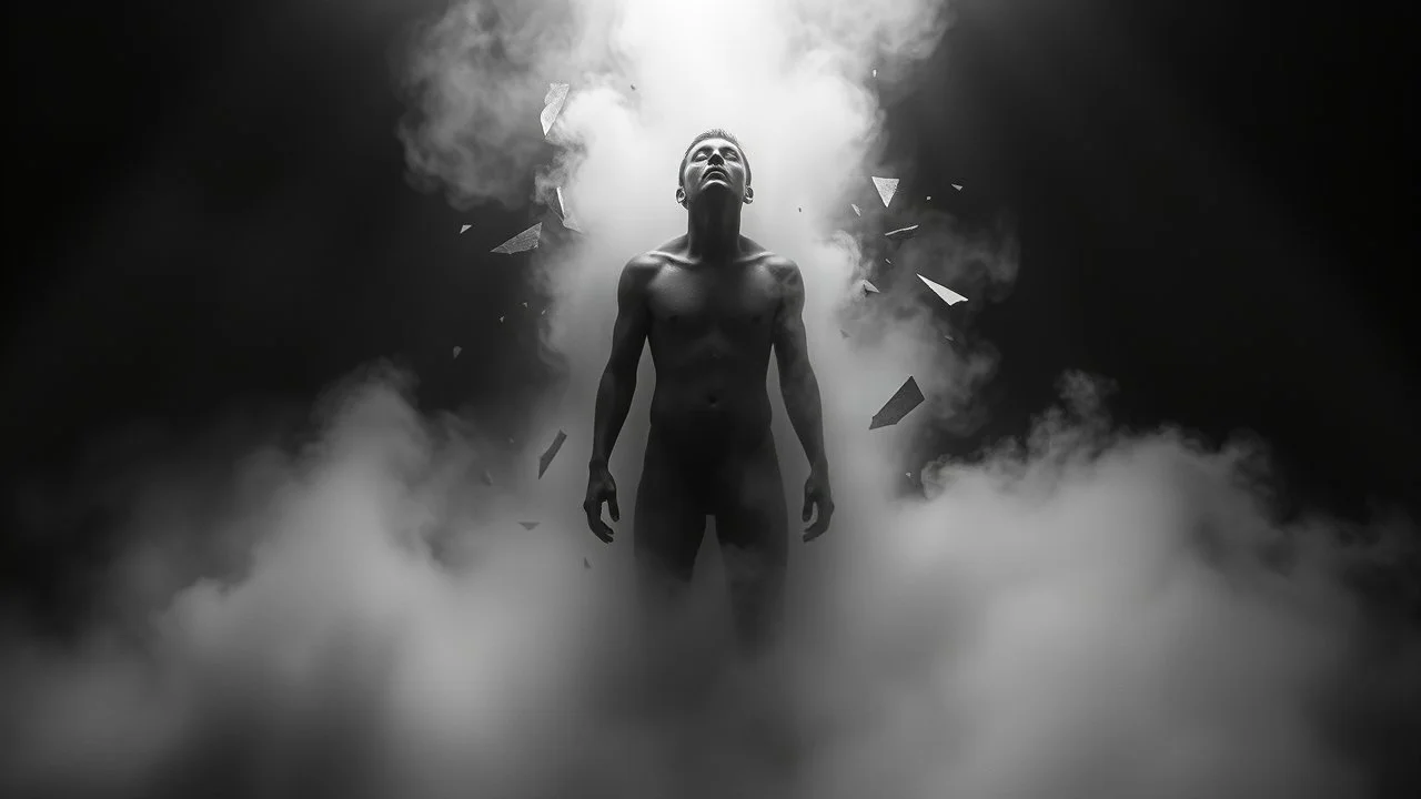 surreal vibe, grayscale, black and white, a caracter dissolving into shadows and fog, body torn into shards of light and darkness. A haunting, nightmare, composition that captures isolation, inner demons, struggle of anxiety. surreal, fog, shadows, atmospheric