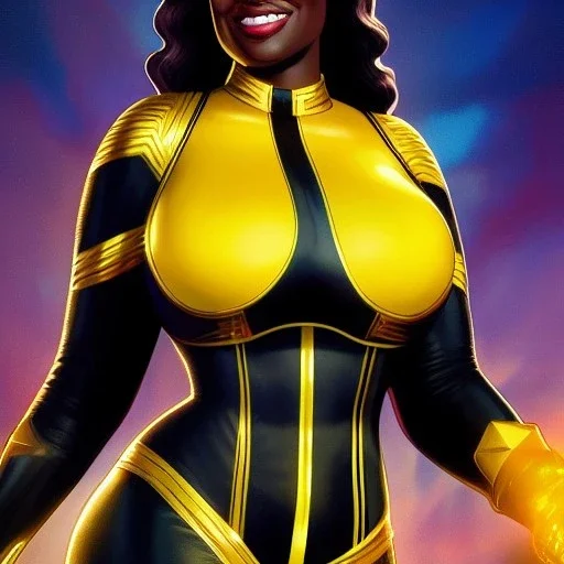 ultra detailed fullbody portrait of beautiful busty Black Queen Marvel Universe , wearing skintight Yellow costume, extremely detailed digital painting, intrincate, extremely detailed smiling face,crystal clear Big Blue eyes, in the style of Adam Hughes , mystical colors , perfectly centered image, perfect composition, rim light, beautiful lighting,8k, stunning scene, raytracing