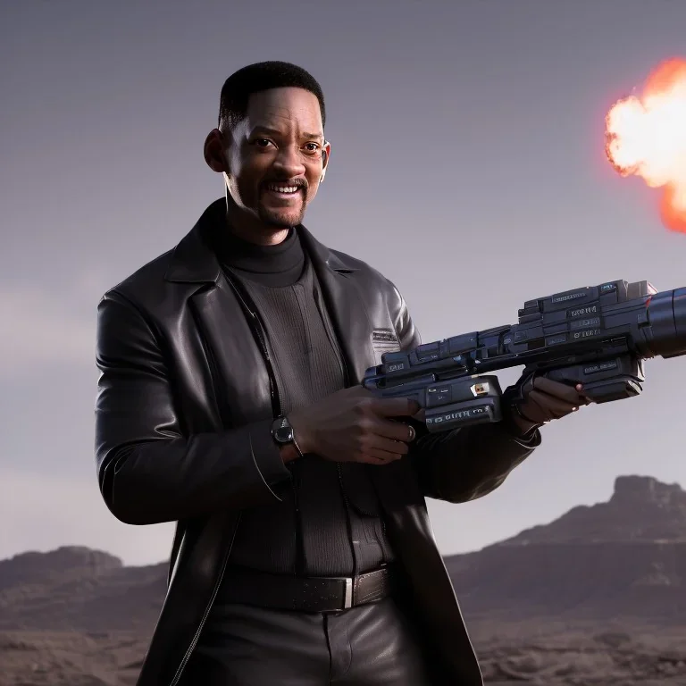 portrait, will smith from 'Men in Black', firing massive gun, scared, dynamic lighting, 8k, ultra detailed