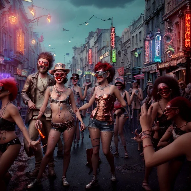 Ultra Realistic photo, medium shot view, drunken women, carnival scene, freak steampunk. hair monster, Sunglasses, smoking, happy, hot. Cabaret background, highly detailed, concept art, unreal engine 5, ray tracing, RTX, lumen lighting, ultra detail, volumetric lighting, 3d, finely drawn, high definition, high resolution.