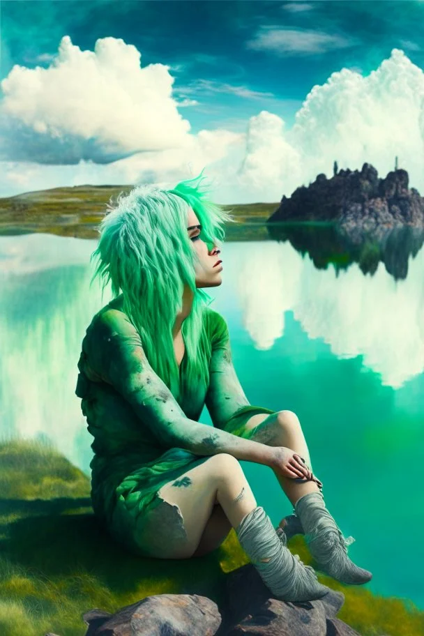 woman sitting on a rock, in a lake, green mottled skin, green hair, blue sky, white clouds