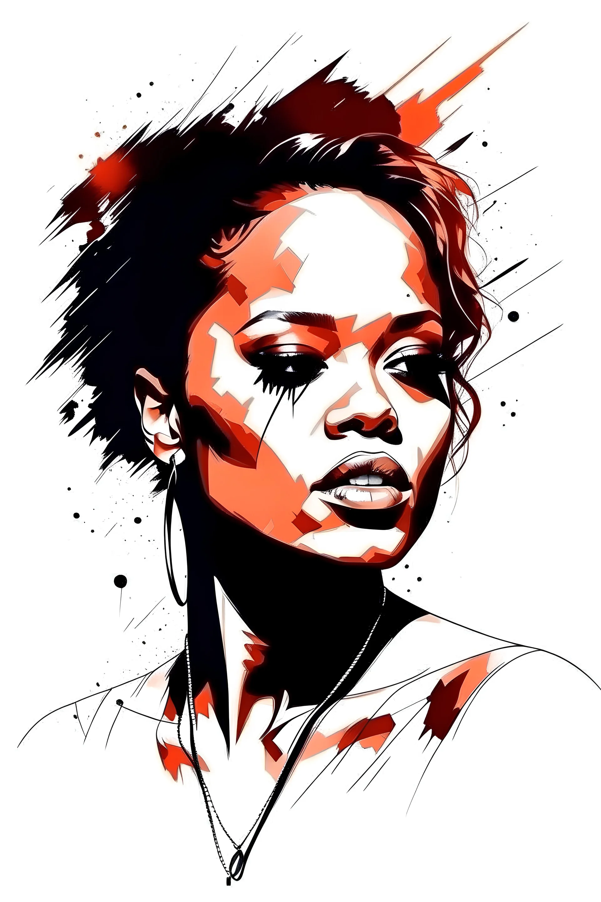 3cpo "Rihanna American singer " , concept art, water color, water color effect, splash,use orang & black & white, logo design,white background,