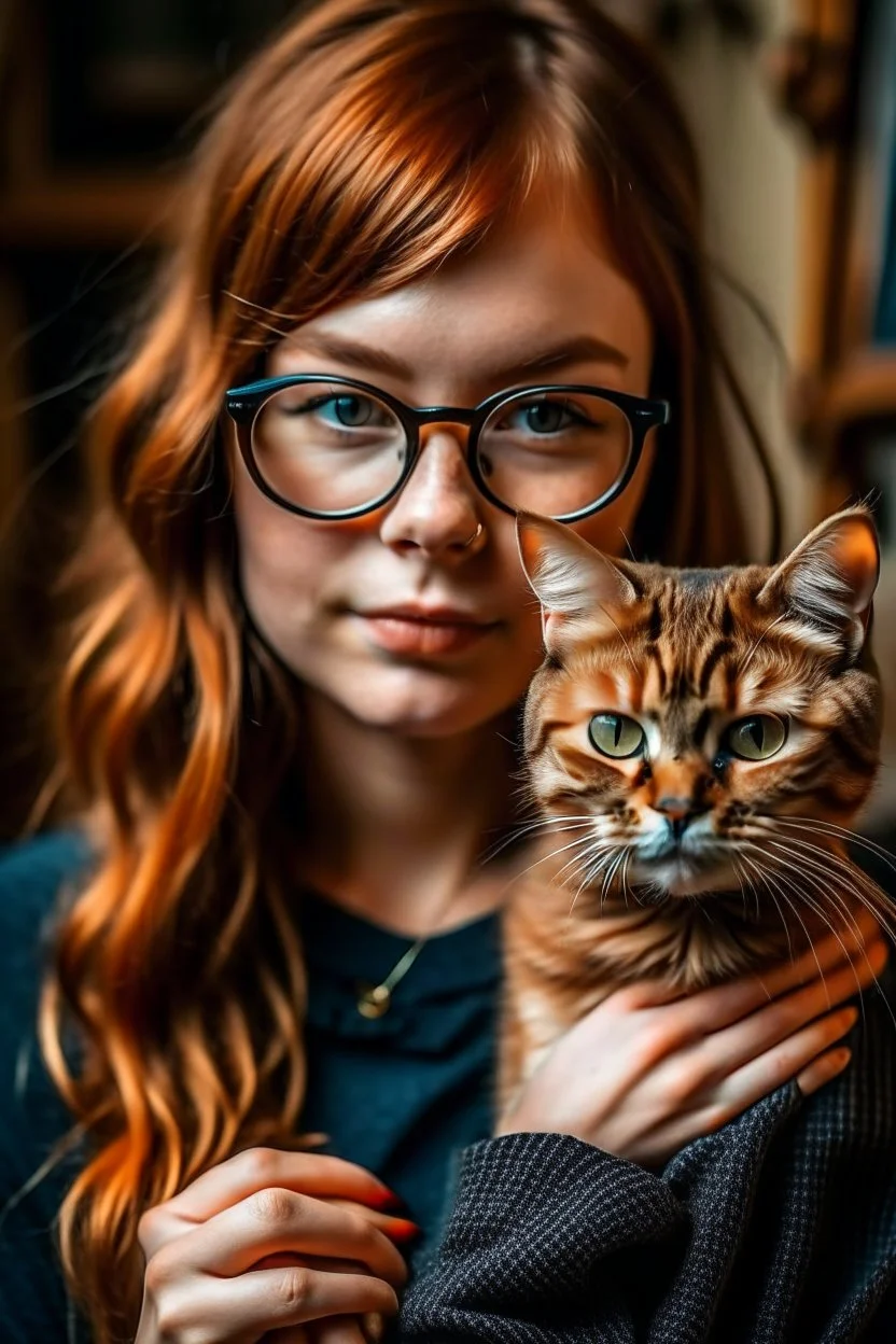 girl with ginger hair in a fringe with glasses and a septum piercing holding a tabby cat