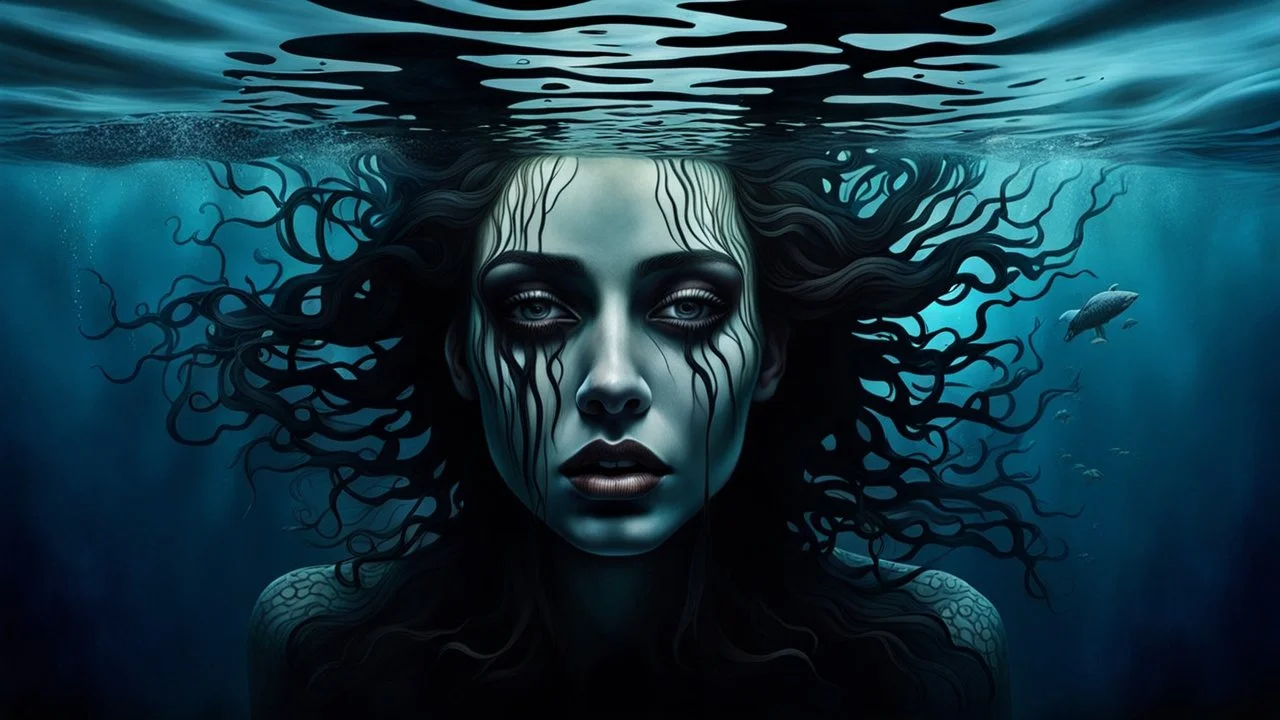close up face shadow eyes, void, pain, hyper-realistic detail, floats in deep sea, Dark sea ten and in her hair, drils and shadow around, abyss, fog, Style crepy stunning, dark, surreal vibe underwater and meticulous detail clean pale skin and face. dark shadow and weird mood