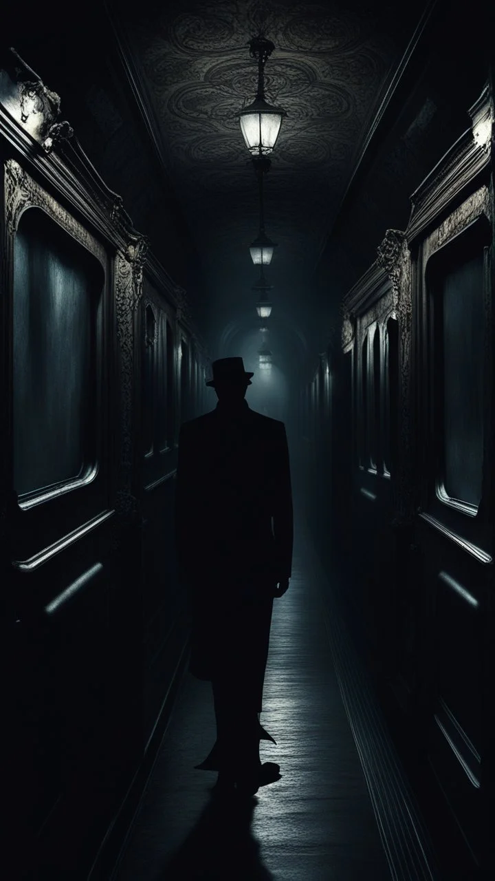 A dark shadow standing in a sleepless night inside a dark train in a delusional state haunted by ghostly images, paint it in the baroque style, as if the man is horrified
