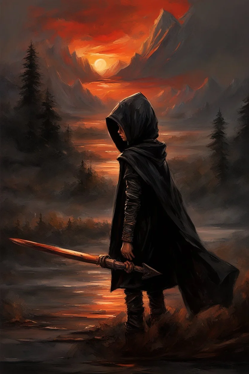 A formidable warrior-a 10-year-old boy in a black robe with a hood, on the background Amazing gloomy landscape, flooded with sunset, mountains, trees, fabulous scary hero, , juicy emotions, painting, dark fantasy, bad weather, gloomy day, dark world, by Raymond Swanland & Alyssa Monks & Anna Razumovskaya & James Paick