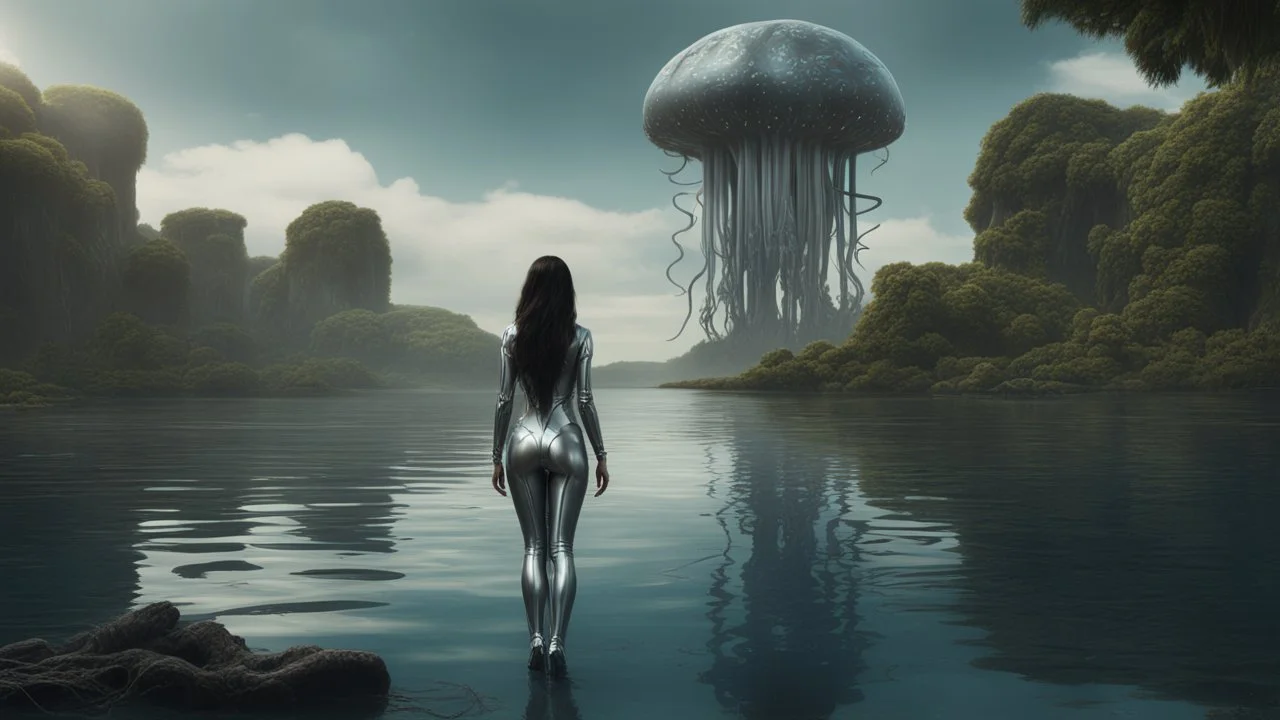 Detailed matte painting of a wide-angle shot of a woman, standing on the left side of the shot, with dark hair in a silver robotic catsuit, many large floating jellyfish with octopus tentacles, alien jungle trees in the distance, with an alien beach and lake, deep colour